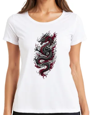Produktbild von Japanischer Drache Asia Tattoo Style Rot Schwarz Japan Y2K Ryu Damen T-Shirt, Weiß, 3XL