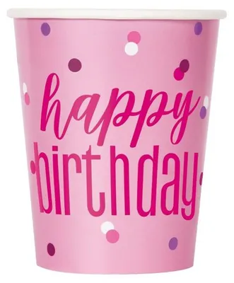 Produktbild von 8 Becher Happy Birthday rosa & silber