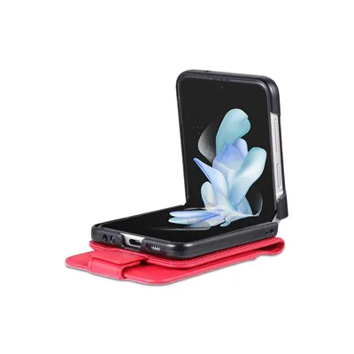 A red flip phone case with a Samsung Galaxy Z Flip5 5G phone inside, shown at an angle on a white background.
