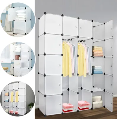 Produktbild von Jopassy Kleiderschrank DIY Regalsystem 20 Boxen Mit Tür&2 Kleiderstange Steckregalsystem Weiß Garderoben H.180cm nicht Aufdruck