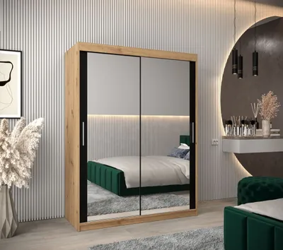 Produktbild von Schwebetürenschrank mit einer Breite von 150 cm TIMEA 3 – Eiche Artisan / Schwarz