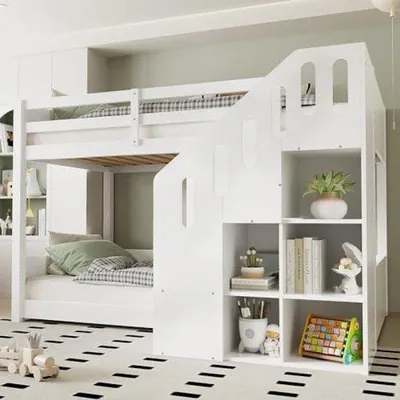 Productafbeelding van Kinderbed met hemelbed, 90x200 cm, met valdeur en opbergruimte - Hemelbed met veiligheidshek en houten bedframe voor twee kinderen - Wit