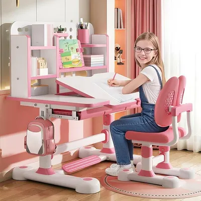 Produktbild von Kinder Schreibtisch, Höhenverstellbarer Kinderschreibtisch Set mit Stuhl, Schreibtisch Kind mit Neigbarer Platte und Schublade, 119x80 cm, Robuster Schreibtische für Kinder ab 6 Jahren Rosa