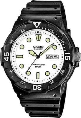 A close-up studio shot of a black and white Casio watch.