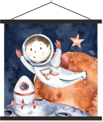 Produktbild von MuchoWow® Textilposter Weltraum - Mond - Rakete - Jungen - Mädchen - Kinder 120x120 cm mit schwarzem Rahmen - Aufhängungsset