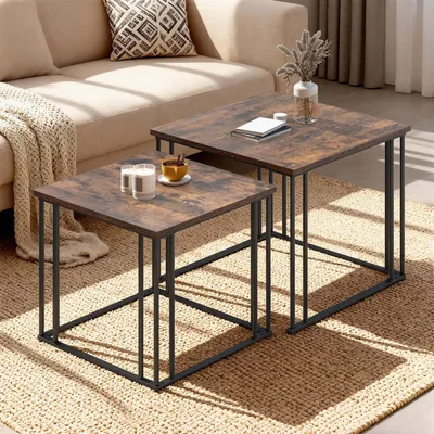 Produktbild von BALCONERA Couchtische, Beistelltische, Wohnzimmertisch, 2er-Set, Quadratisch, Ineinanderschiebbar, Metallgestell, 60x60x50cm, 50x50x44cm, braun