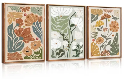 Produktbild von Blumen Leinwand Wandbilder 3er Set Bunt Pflanzen Wandkunst Boho Matisse 30x40cm