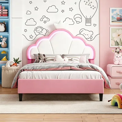Image de Lit rembourré INONEFT 140x190 cm pour filles, lit pour enfant avec structure réglable et sommier à lattes, lit princesse, lit double, rose, velours