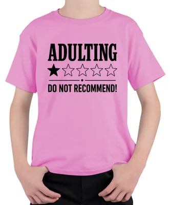 Zdjęcie produktu dla Koszulka dziecięca "Adulting" (dorosłość), nie polecana, zabawna, uniseks, różowa, rozmiar 128