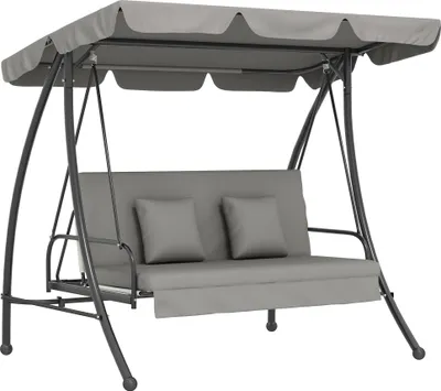 Produktbild von Hollywoodschaukel Gartenschaukel Schaukel Schaukelbank mit Liege-Funktion, 3 Sitzer, Metall+Polyester, Grau, 209 x 114 x 170 cm