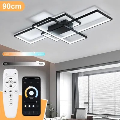 Immagine prodotto di Lampada a LED intelligente per soffitto, nera, 90x60 cm, lampada moderna a forma geometrica, temperatura di colore regolabile da 3000 a 6500K, dimmeraggio continuo, controllo tramite telecomando e app, adatta per l'ufficio
