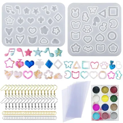 Image de Kit de moules en silicone pour bijoux en résine, idéal pour la création de pendentifs, de colliers et d'ornements, avec paillettes et accessoires