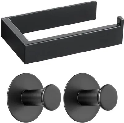 Produktbild von Toiletrolhalter aus Edelstahl ohne Bohren mit 2 Selbstklebendhaken Toiletrolhalter aus Edelstahl ohne Bohren Selbstklebender Toilettenhalter Schwarz für Küche und Badezimmer