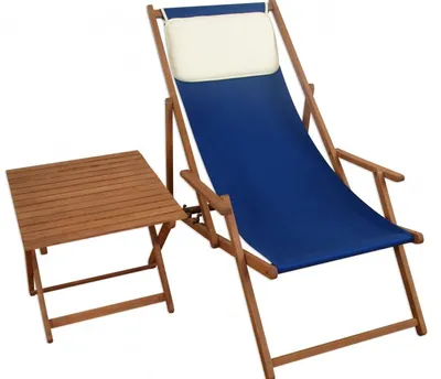 Produktbild von Gartenliege blau Liegestuhl Tisch Kissen Sonnenliege Strandstuhl Deckchair Buche 10-307 T KH