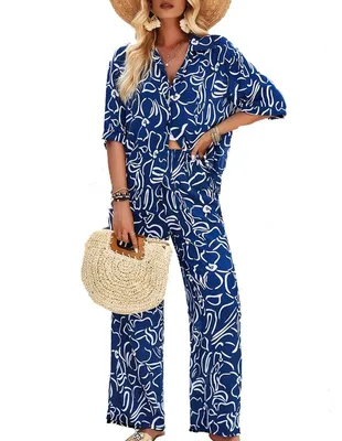 Productafbeelding van Dames Tweedelig Set - Korte Mouwen Blouse en Broek