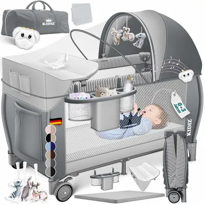 Produktbild von KIDIZ® Babybett Reisebett Kinderreisebett Faltbar mit Matratze 120x60, Seiteneingang, Wickelauflage, Mosktionetz, Spielbogen & Tragetasche Baby Beistellbett Kinderbett ab Geburt bis 15 kg