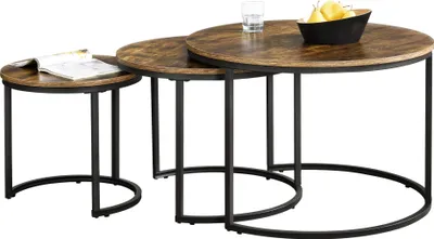 Produktbild von Couchtischset Arvidsjaur 3er Set Sofatische 3-tlg. Wohnzimmertische Stahlgestell rund Dunkler Holzton