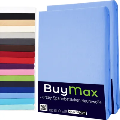 Produktbild von Buymax Spannbettlaken 200x200cm Doppelpack 100% Baumwolle Spannbetttuch Bettlaken Jersey, Matratzenhöhe bis 25 cm, Farbe Hellblau