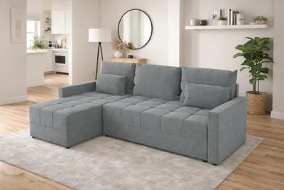 Produktbild von Ecksofa DOMINO L mit Schlaffunktion und Bettkasten, Schlafsofa 226 cm, L-Form Sofa grau, universal montierbar, Webstoff INARI 91