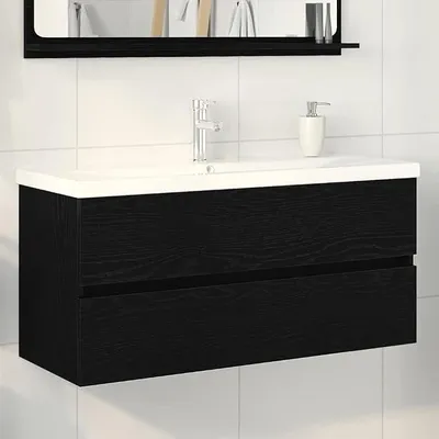 Produktbild von Badezimmermöbel Set Unterschrank mit Keramikwaschbecken Spiegelschrank Hochscrank Schwarze Eiche 100 x 38,5 x 45 cm Ohne Wasserhahn