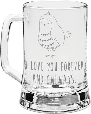 Produktbild von Mr. & Mrs. Panda Krug Eule Zufrieden - Transparent - Geschenk, Owl, Romantisch, Gravur Bierkrug, Humpen, Seidel, Hochzeitstag, Liebesspruch, Glaskrug, Glas