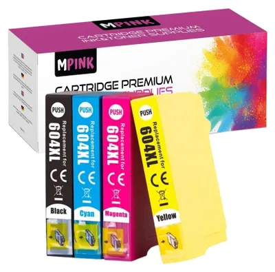 A product shot of four printer ink cartridges and their packaging.
