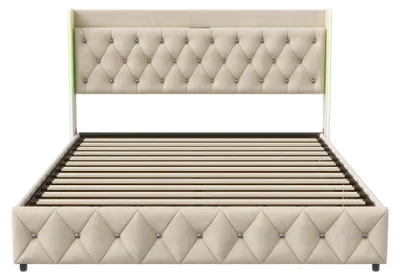 Immagine prodotto di Letto imbottito 140x200 cm - Struttura per letto matrimoniale - Contenitore a sollevamento idraulico - Testiera con illuminazione LED - Stazione di ricarica - Tessuto velluto, color beige