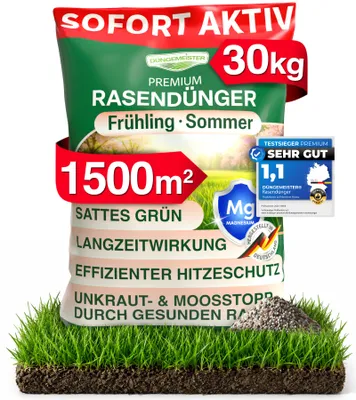 Produktbild von DÜNGEMEISTER Rasendünger für Ihren sattgrünsten Traumrasen - gesunder, dichter und sattgrüner Rasen sofort mit revolutionärer KI Formel - Langzeit NPK/Organisch Frühjahr/Sommer (30 kg)
