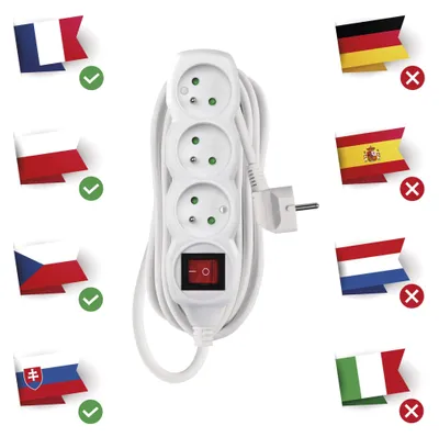 Prodlužovací kabel 5 m / 3 zásuvky / s vypínačem / bílý / PVC / 1 mm2