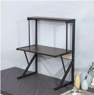 Image de Étagère pour micro-ondes - Étagère de cuisine à 2 niveaux - Support de plan de travail XL - Rangement en bois - Organisateur noir