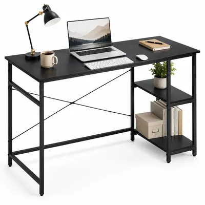 Produktbild von Lina® Computertisch, im Industrie Design, aus Holz, 120x60x75cm, Bürotisch, Holz + Regal Schreibtisch, für Wohnzimmer, Büro mit 2 ablagen - Schwarz