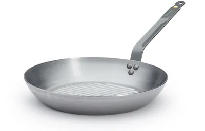 A professional studio shot of a grill pan on a white background.