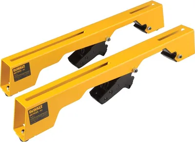 Two yellow metal brackets with black mechanisms, likely for a saw stand.