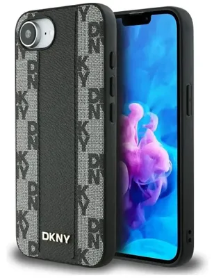 Obrázok produktu pre DKNY kožený károvaný monogramový puzdro MagSafe pre iPhone 16e - čierna