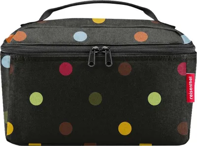 A black cosmetic bag with colorful polka dots.