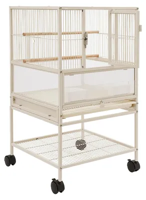 Produktbild von Freistehender Vogelkäfig aus Kohlenstoffstahl - Großkäfig auf Rollen - 4 Räder - 2 Futternäpfe - Für kleine und mittelgroße Vögel - Weiß