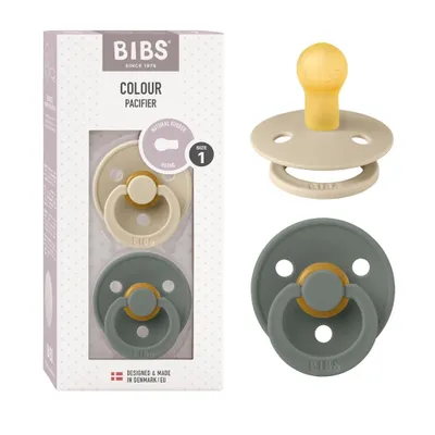 Produktbild von BIBS Colour Schnuller 2er-Pack, BPA-frei, Kirschform Nippel. Naturkautschuk / Latex, Hergestellt in Dänemark, Größe 1 (0-6 Monate), Vanilla / Pine