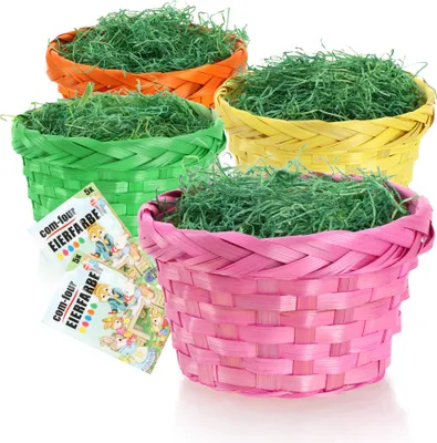 Produktbild von com-four® Oster Deko- & Geschenk-Set - bunte Bastkörbe, grünes Ostergras, Eierfarben - DIY Osterkörbchen - Osternest zum Selbstgestalten - Bastel-Set für Ostern