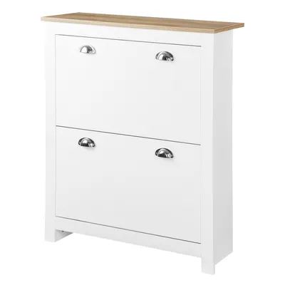 Produktbild von HOMCOM Schuhschrank, 2 Klapptüren, 2 Fächer, MDF-Metallschalengriffe, weiße helle Eiche