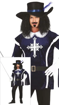 Produktbild von Musketier Karneval Kostüm Historischer Mantel Kreuz Wappen Mutiges Design Eleganter Hut, Größe: 48 - 50 (M) Farbe: Blau