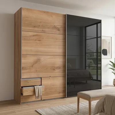 Produktbild von Schlafzimmer Schwebetürenschrank mit 225 cm Breite in Eiche und graphit, mit 3 Schubladen & Glasschiebetür - VIESTE-43