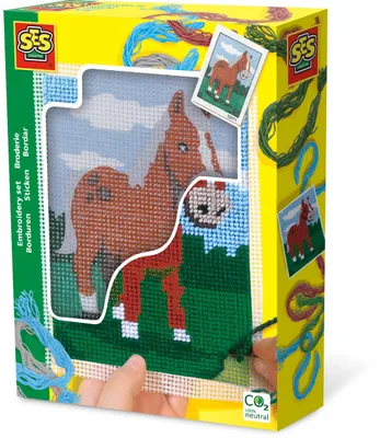 The image shows the retail packaging of an embroidery set for children, featuring a horse design.