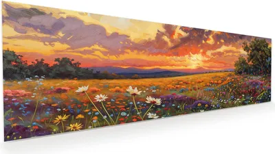 Produktbild von Glasbild 120x40cm in XXL für Wohnzimmer, Schlafzimmer Motiv Blumenwiese Sonnenuntergang