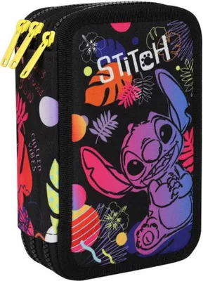 A close-up view of a colorful pencil case featuring the character Stitch.