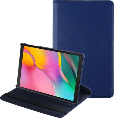 A dark blue tablet case with a Samsung Galaxy Tab A 10.1 (2019) tablet inside, displayed in a stand-up position.
