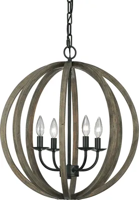 Image de Lustre Allier en bois de chêne vieilli et fer forgé antique, 4 x E14 x 60 W, dimensions du bois : 226,4 x 52,1 x 52,1 cm, IP20, Feiss