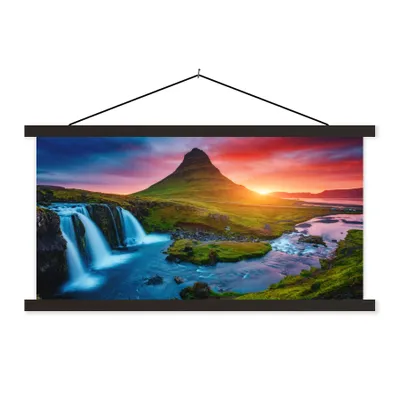 Produktbild von MuchoWow® Textilposter Wasserfall - Berg - Moos - Sonnenuntergang - Natur 90x45 cm mit schwarzem Rahmen - Klemmleisten