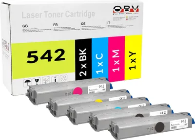 A product shot of a toner cartridge box and several toner cartridges.