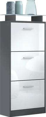 Produktbild von Vladon Schuhschrank Lavia V2, Schuhkipper für 12 Paar Schuhe mit 3 Klappen und Glasablage, Anthrazit matt/Weiß Hochglanz (46 x 128 x 23 cm)