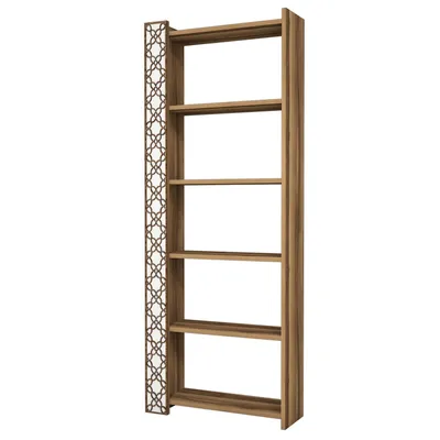 A tall, narrow bookshelf with a decorative patterned side panel, presented against a white background.